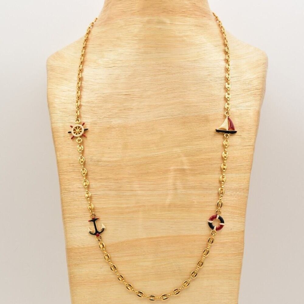Vintage Mariner Station Chain Necklace Anchor Sail Boat Helm Red Blue Gold BinBC - Picture 2 of 12